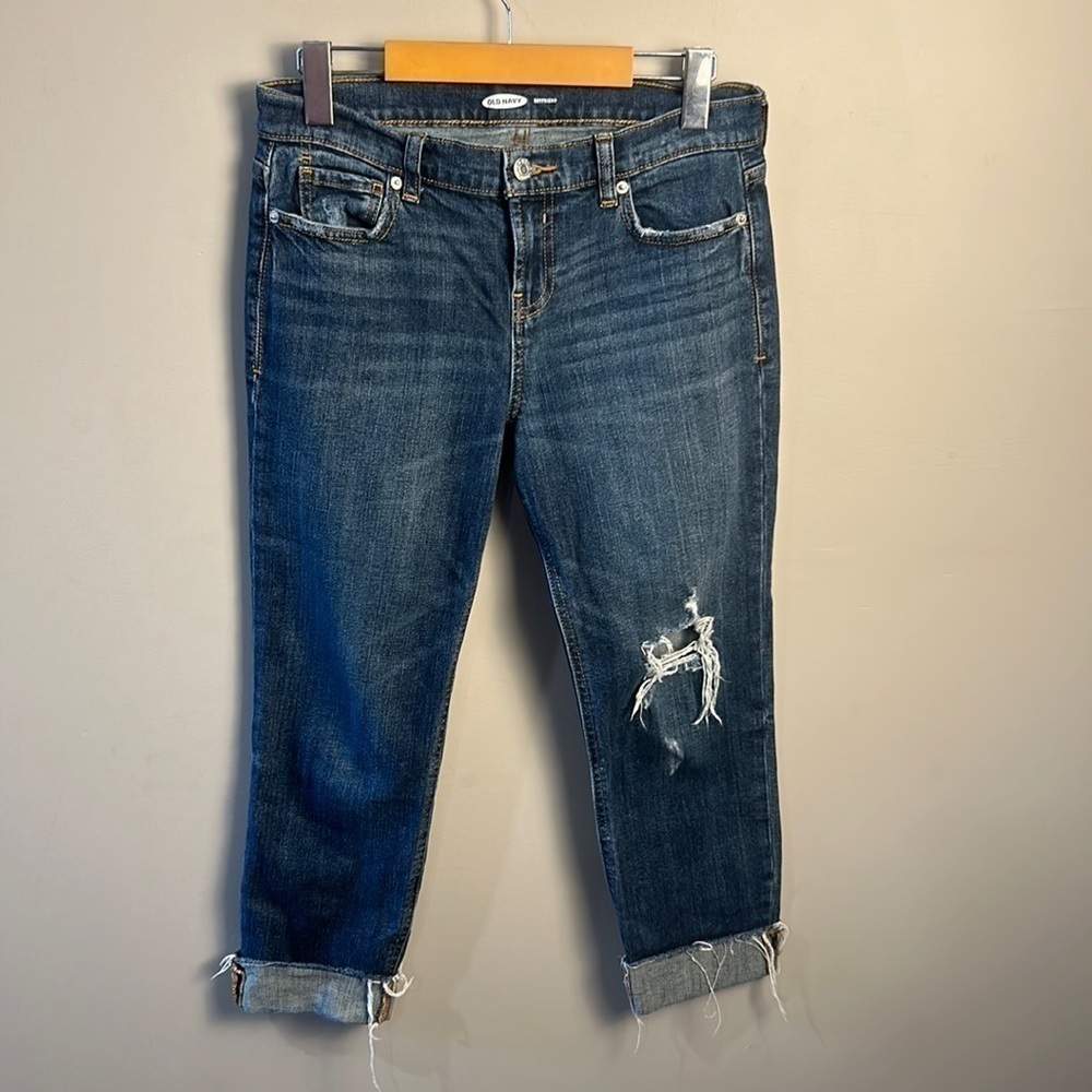 Old Navy Boyfriend Distressed Blue Jean Denim Capri Women's Size 0 Petite